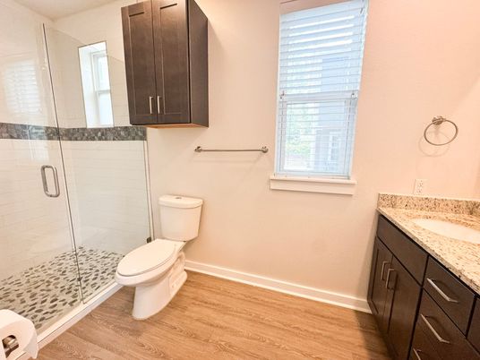 Bathroom, Glass Shower, Interior, Wood Texture Flooring