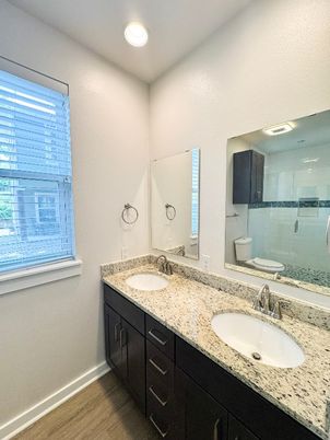Bathroom, Dual Sink Vanities, Glass Shower, Interior, Recessed Lighting