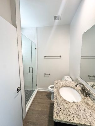 Bathroom, Glass Shower, Interior, Wood Texture Flooring