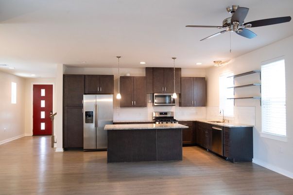 Interior, Kitchen, Pendant Lights, Recessed Lighting, Stainless Steel Appliances, Wood Texture Flooring