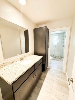 Bathroom, Glass Shower, Interior, Recessed Lighting, Wood Texture Flooring