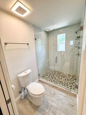 Bathroom, Glass Shower, Interior, Recessed Lighting, Wood Texture Flooring