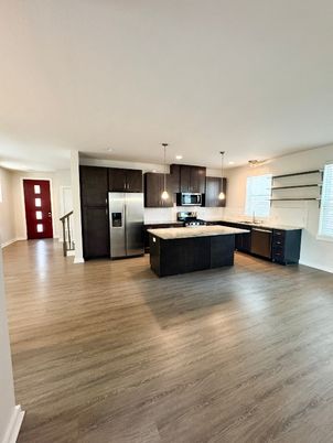 Interior, Kitchen, Pendant Lights, Recessed Lighting, Stainless Steel Appliances, Wood Texture Flooring
