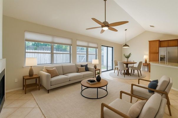 Dining room, Fireplace, Interior, Kitchen, Living room, Pendant Lights, Stainless Steel Appliances
