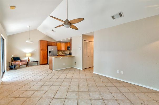 Empty room, Interior, Kitchen, Pendant Lights, Recessed Lighting, Stainless Steel Appliances