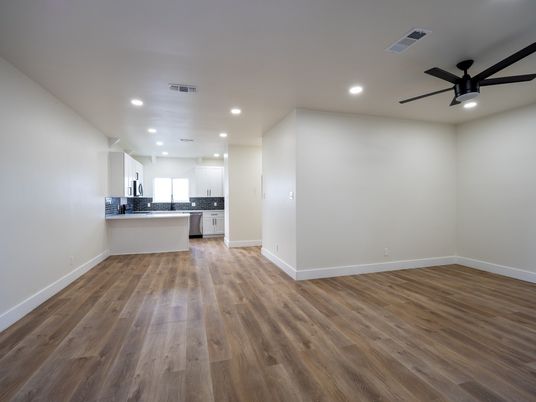Empty room, Interior, Kitchen, Recessed Lighting, Wood Texture Flooring