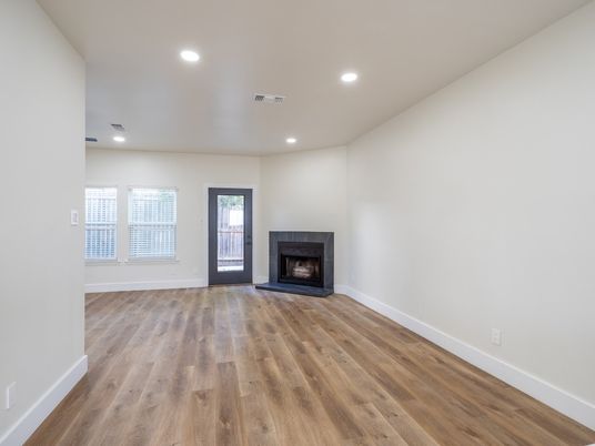 Empty room, Fireplace, Interior, Recessed Lighting, Wood Texture Flooring