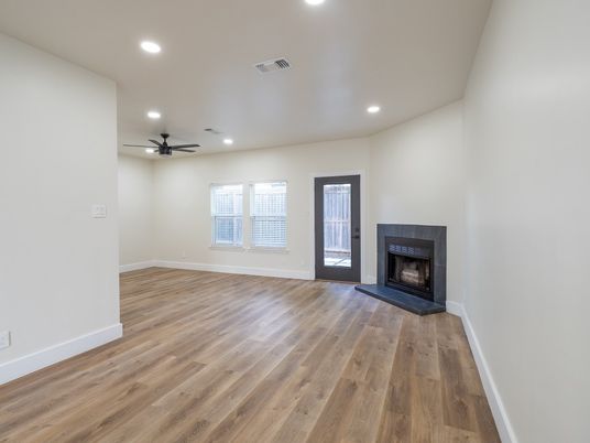 Empty room, Fireplace, Interior, Recessed Lighting, Wood Texture Flooring