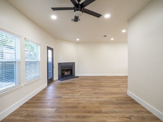 Empty room, Fireplace, Interior, Recessed Lighting, Wood Texture Flooring