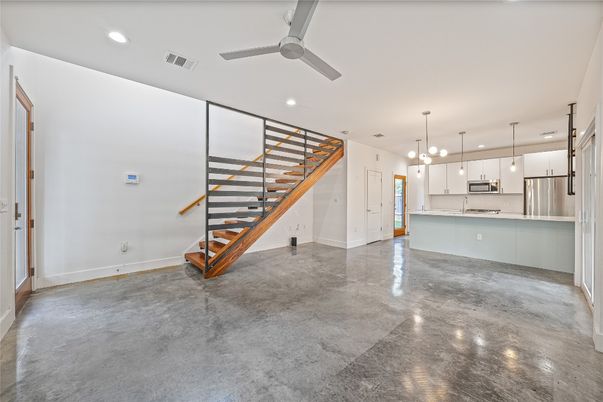 Empty room, Interior, Kitchen, Pendant Lights, Recessed Lighting, Stainless Steel Appliances