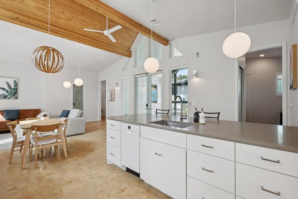 Dining room, Interior, Kitchen, Pendant Lights, Recessed Lighting, Wooden Ceilings