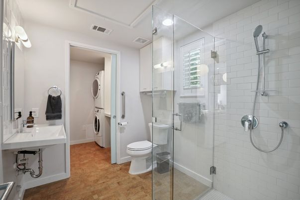 Bathroom, Glass Shower, Interior, Wood Texture Flooring