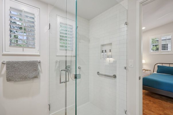 Bathroom, Glass Shower, Interior, Recessed Lighting, Wood Texture Flooring
