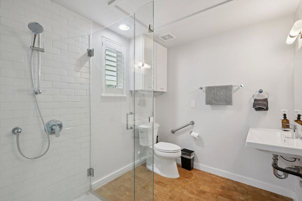 Bathroom, Glass Shower, Interior, Recessed Lighting, Wood Texture Flooring