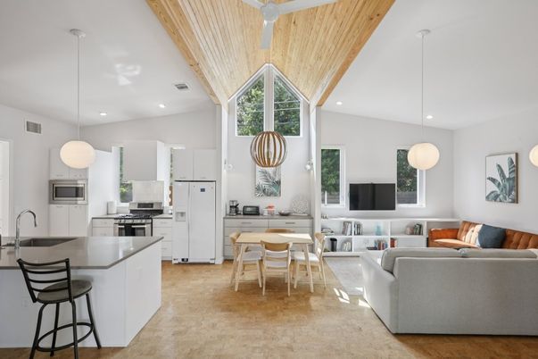 Dining room, Interior, Kitchen, Living room, Pendant Lights, Recessed Lighting, Stainless Steel Appliances, Wooden Ceilings