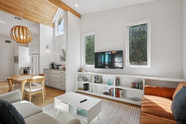 Dining room, Interior, Living room, Pendant Lights, Recessed Lighting, Wooden Ceilings