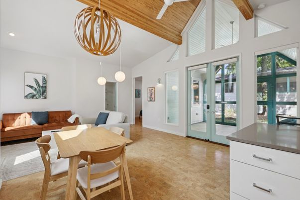Dining room, Interior, Living room, Pendant Lights, Recessed Lighting, Wooden Beams, Wooden Ceilings