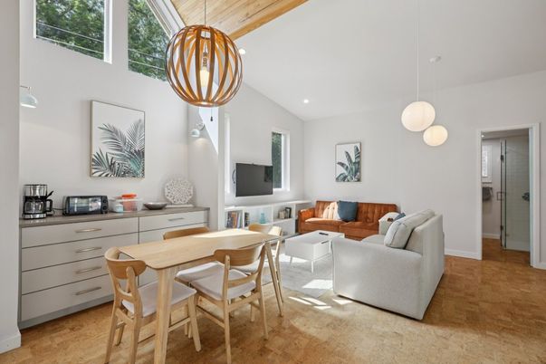 Dining room, Interior, Living room, Pendant Lights, Recessed Lighting, Wooden Ceilings, Wood Texture Flooring