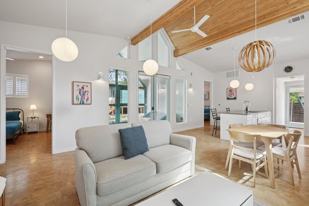 Dining room, Interior, Living room, Pendant Lights, Recessed Lighting, Wooden Beams, Wooden Ceilings, Wood Texture Flooring