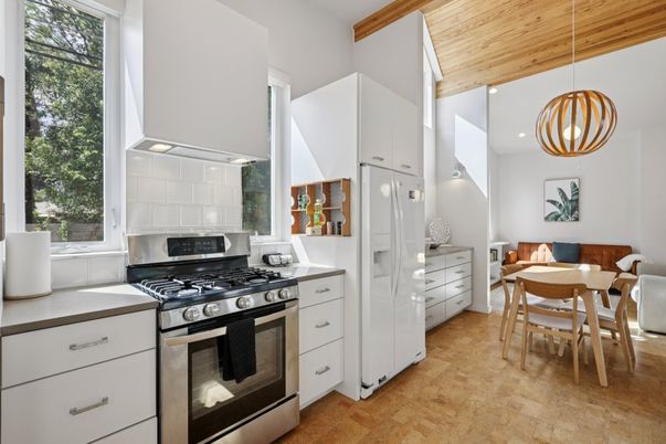 Dining room, Interior, Kitchen, Pendant Lights, Recessed Lighting, Stainless Steel Appliances, Wooden Ceilings