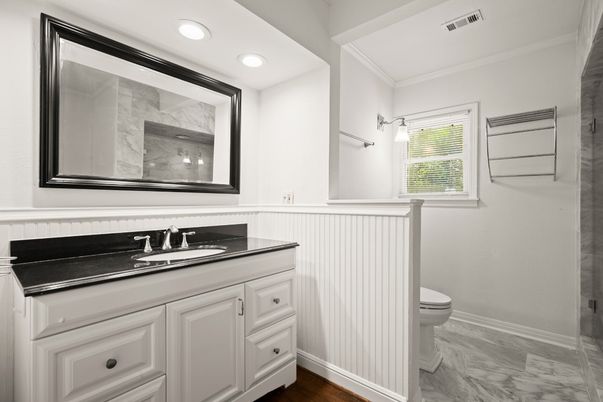 Bathroom, Interior, Marble, Recessed Lighting, Wood Texture Flooring