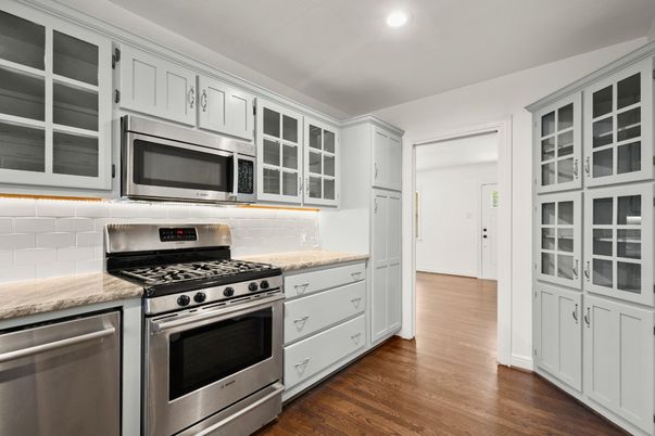 Interior, Kitchen, Recessed Lighting, Stainless Steel Appliances, Wood Texture Flooring