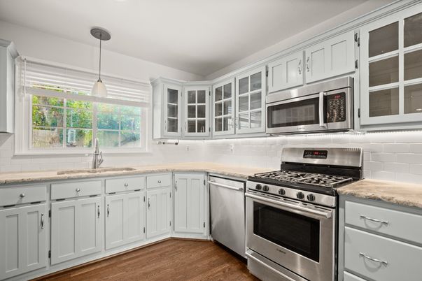 Interior, Kitchen, Pendant Lights, Stainless Steel Appliances, Wood Texture Flooring