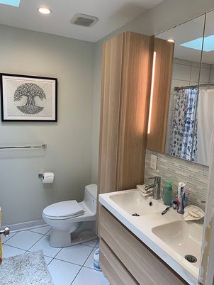 Bathroom, Dual Sink Vanities, Interior, Recessed Lighting, Wooden Walls