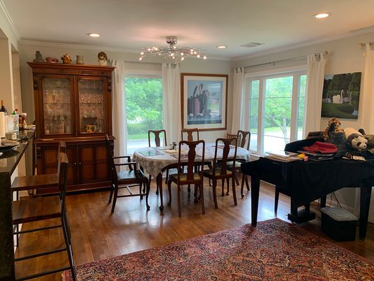 Dining room, Interior, Piano, Recessed Lighting, Wood Texture Flooring