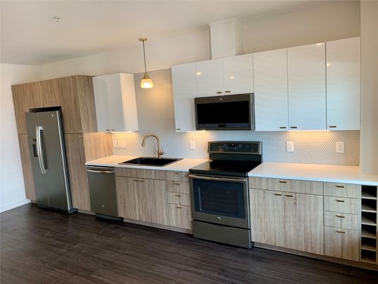 Interior, Kitchen, Pendant Lights, Stainless Steel Appliances, Wood Texture Flooring