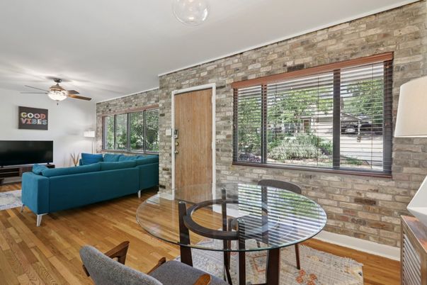 Dining room, Interior, Living room, Stone Walls, Wood Texture Flooring