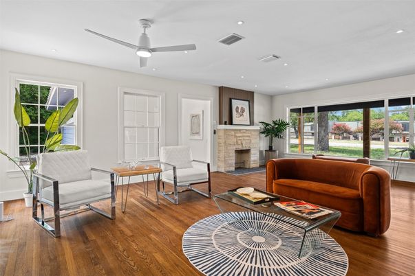 Fireplace, Interior, Living room, Recessed Lighting, Wood Texture Flooring