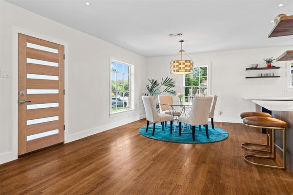 Dining room, Interior, Pendant Lights, Recessed Lighting, Wood Texture Flooring