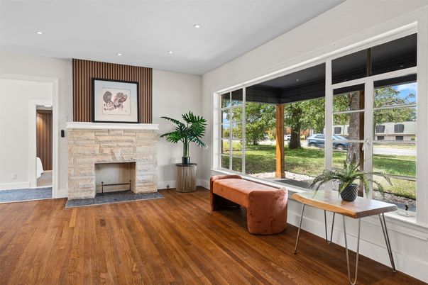 Fireplace, Interior, Recessed Lighting, Wood Texture Flooring