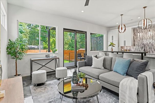 Interior, Living room, Pendant Lights, Recessed Lighting, Wood Texture Flooring