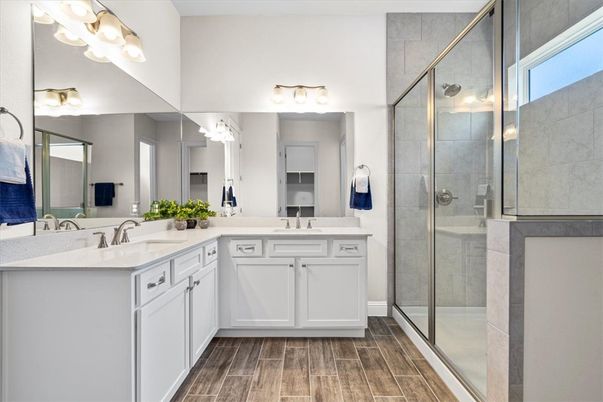 Bathroom, Dual Sink Vanities, Glass Shower, Interior, Wood Texture Flooring