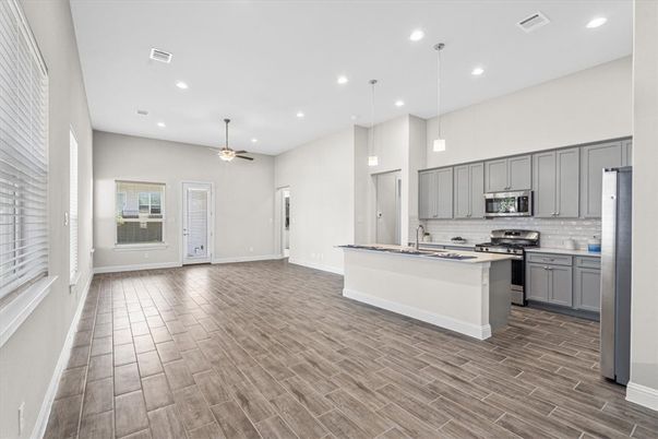 Interior, Kitchen, Pendant Lights, Recessed Lighting, Stainless Steel Appliances, Wood Texture Flooring