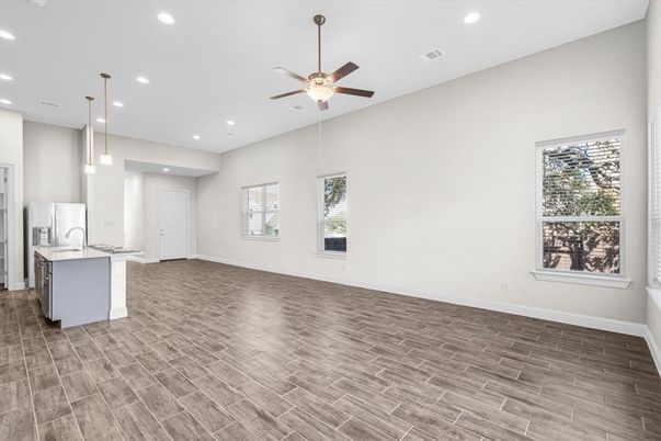 Empty room, Interior, Kitchen, Pendant Lights, Recessed Lighting, Wood Texture Flooring