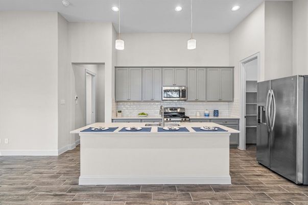 Interior, Kitchen, Pendant Lights, Recessed Lighting, Stainless Steel Appliances, Wood Texture Flooring