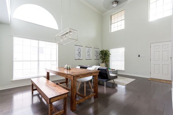 Dining room, Interior, Pendant Lights, Wood Texture Flooring