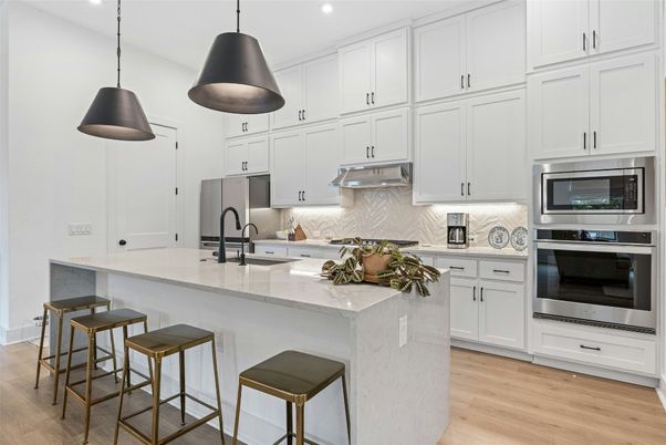 Interior, Kitchen, Pendant Lights, Recessed Lighting, Stainless Steel Appliances, Wood Texture Flooring
