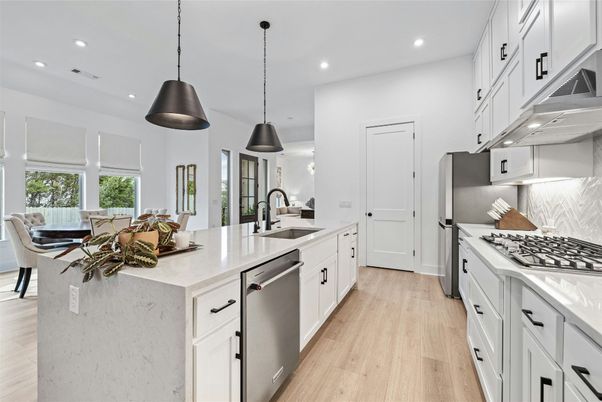 Dining room, Interior, Kitchen, Pendant Lights, Recessed Lighting, Stainless Steel Appliances, Wood Texture Flooring