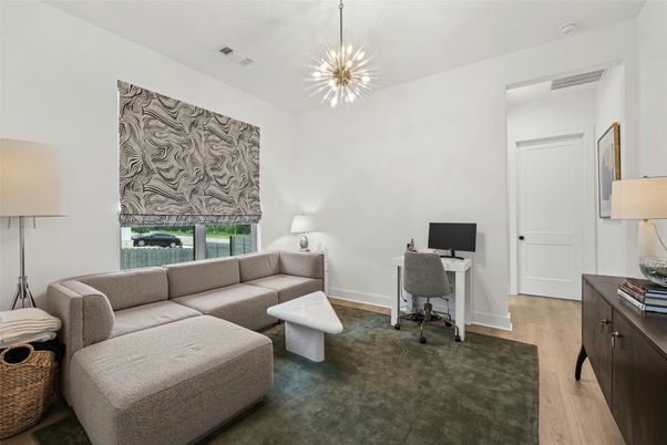 Home Office, Interior, Living room, Pendant Lights, Wood Texture Flooring