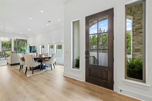 Dining room, Interior, Pendant Lights, Recessed Lighting, Wood Texture Flooring