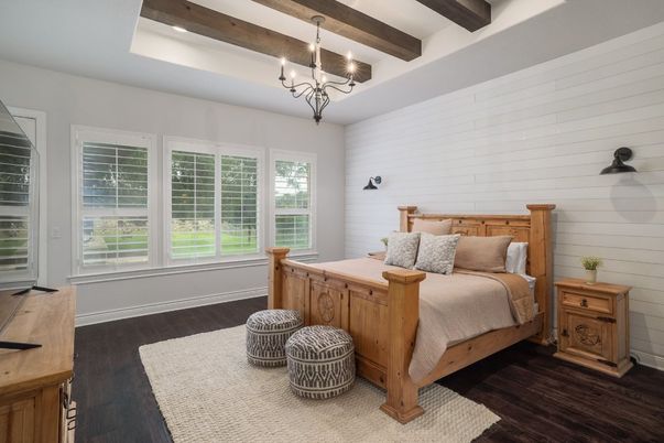 Bedroom, Chandelier, Interior, Recessed Lighting, Wooden Beams, Wood Texture Flooring