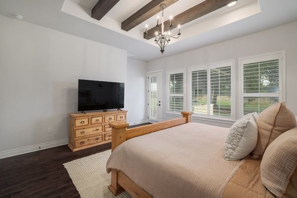 Bedroom, Chandelier, Interior, Recessed Lighting, Wooden Beams, Wood Texture Flooring
