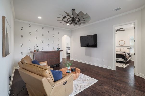 Bedroom, Interior, Living room, Recessed Lighting, Wood Texture Flooring