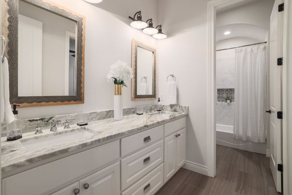 Bathroom, Dual Sink Vanities, Interior, Recessed Lighting, Wood Texture Flooring