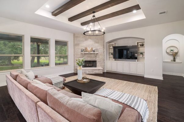 Fireplace, Interior, Living room, Pendant Lights, Recessed Lighting, Stone Walls, Wooden Beams, Wood Texture Flooring