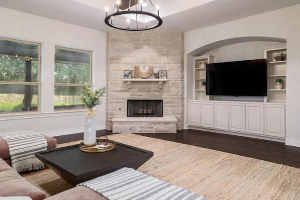 Fireplace, Interior, Living room, Pendant Lights, Stone Walls, Wood Texture Flooring